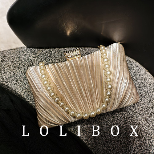 LOLIBOX缎面褶皱镶钻珍珠手提链条旗袍复古晚宴会礼服女小斜跨包