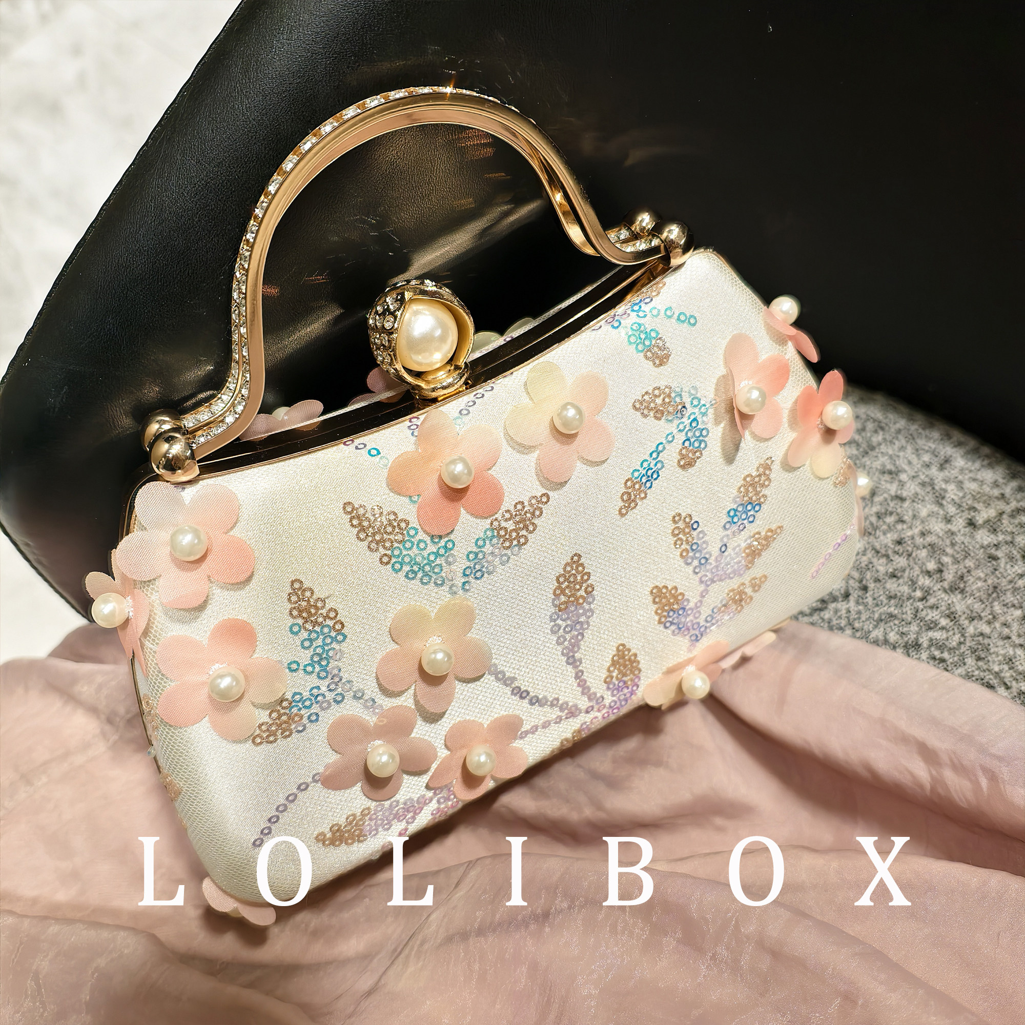 LOLIBOX樱花花瓣珍珠亮片刺绣镶钻手提旗袍复古礼服晚宴会女小包