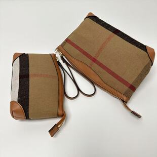 中古款原版格子拉链手拿包黄麻经典款手腕手机包斜跨贝壳包