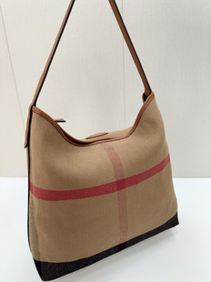 25夏季新款格纹帆布hobo流浪包大容量黄麻单手提头松弛休闲腋下包