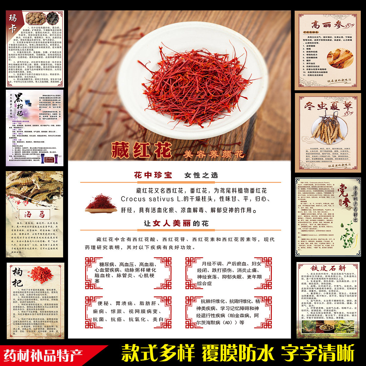 中草药材海报土特产店贴画滋补品宣传藏红花挂图人参海马枸杞鹿茸
