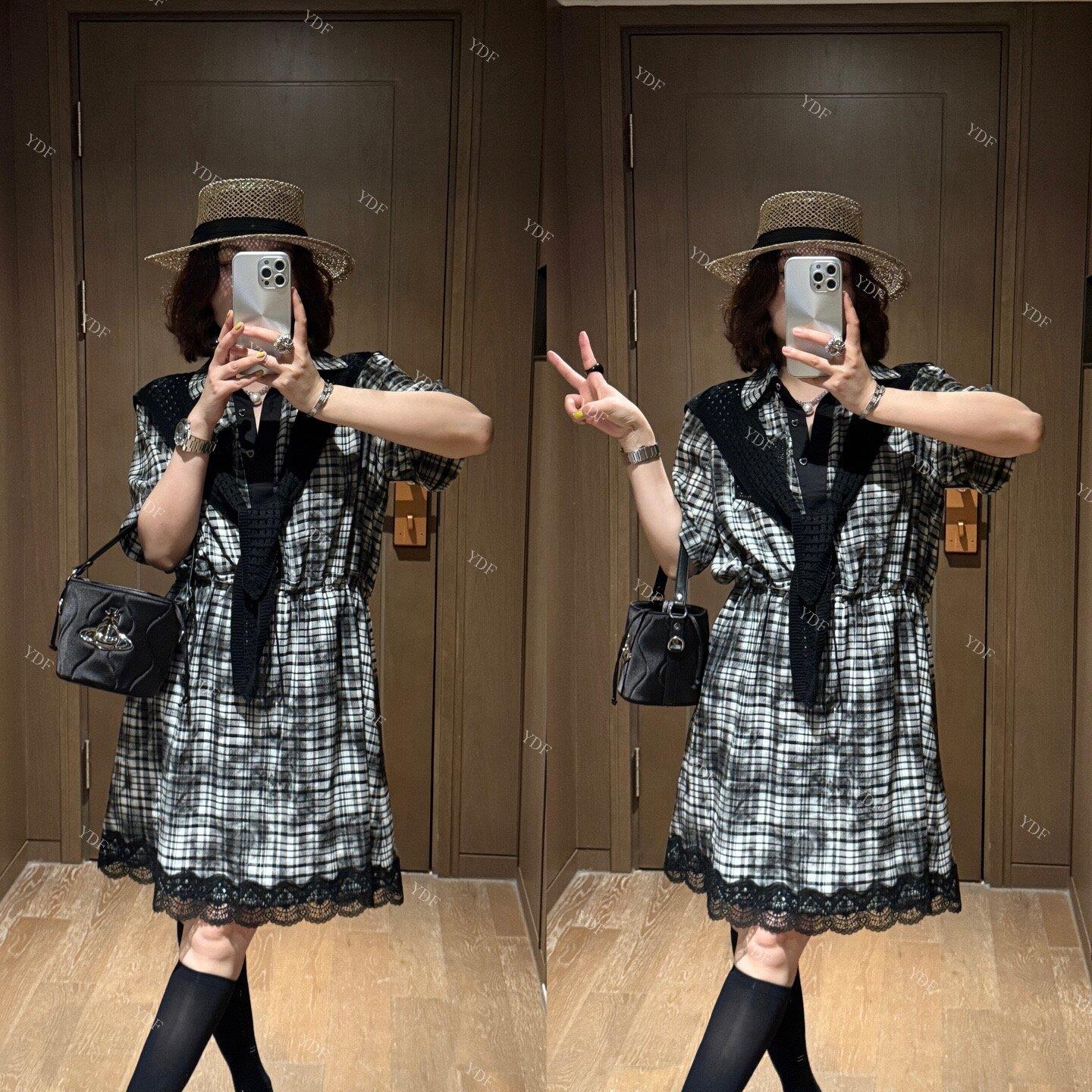YDFSTUDIO小众【万变姿态】高品披肩设计格纹翻领拼接蕾丝连衣裙