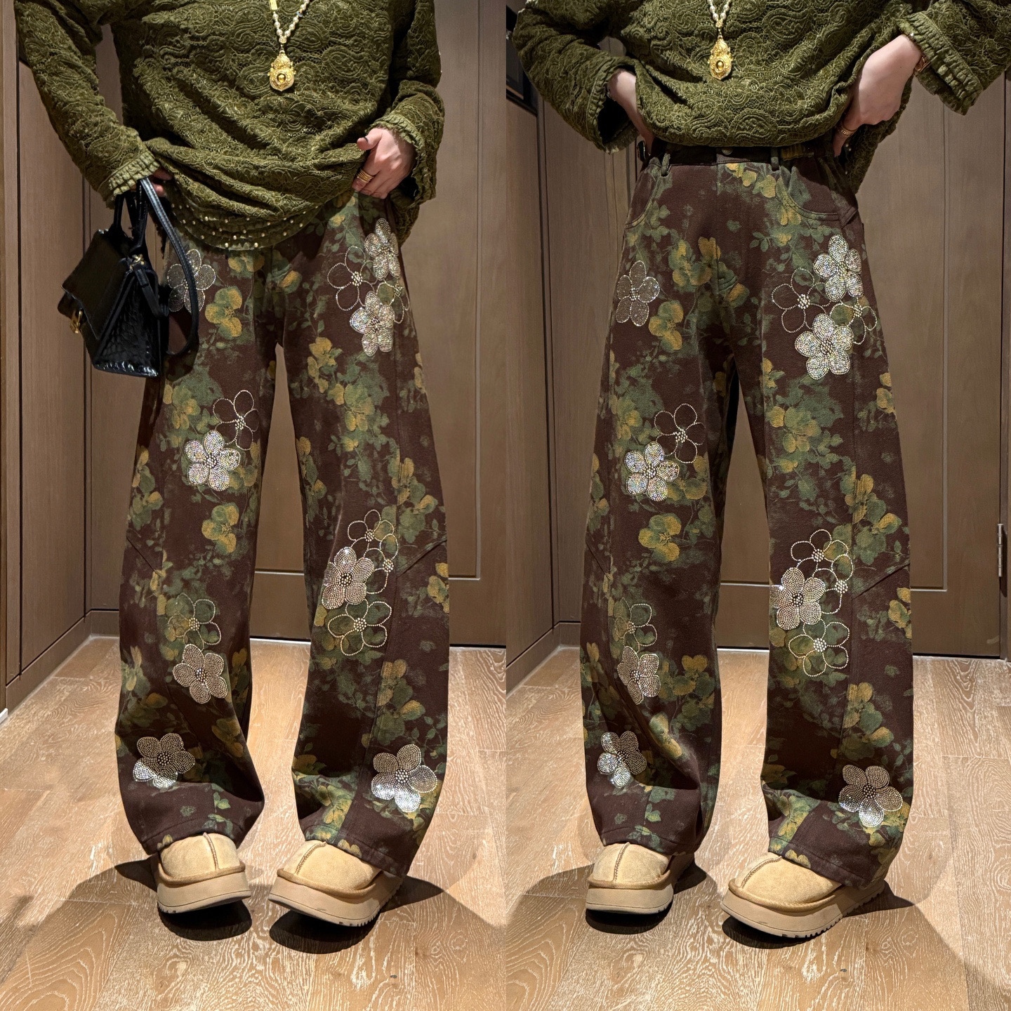 YDFSTUDIO小众【繁花靓裤】高品重工刺绣钉珠花朵设计弯刀牛仔裤