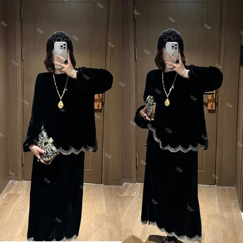 YDFSTUDIO小众【星光夜澜】欧货早秋丝绒拼接设计上衣+半身裙套装