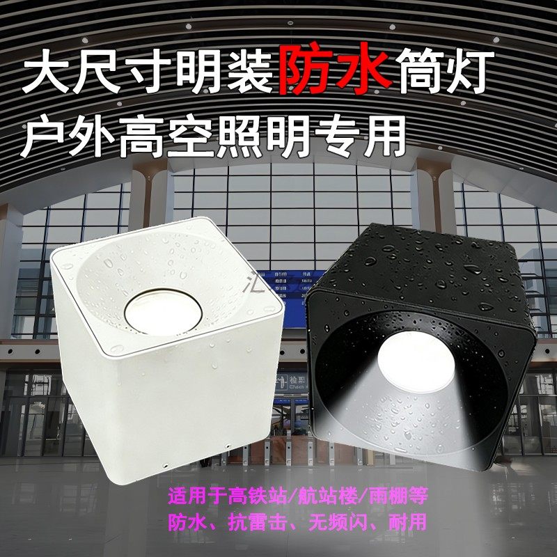 方形明装大功率筒灯户外高空IP65防水led灯高铁站台飞机场地铁站