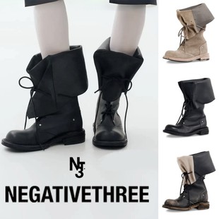 韩国正品negativethree复古牛皮摺叠系带长靴NT3厚底大筒围骑行靴