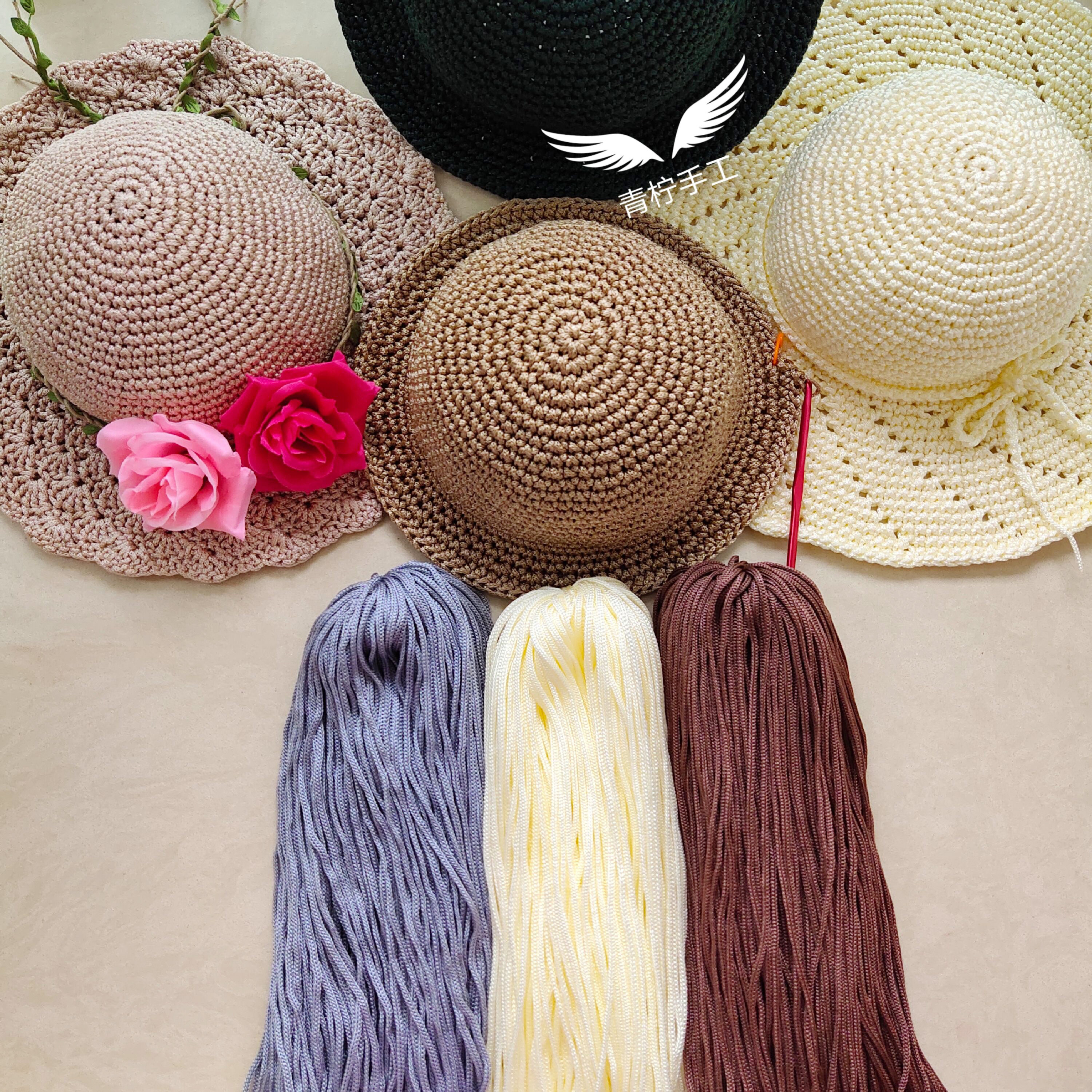 夏天钩针遮阳帽子毛线夏季夏凉帽手工编织太阳帽子轻体粗冰丝线