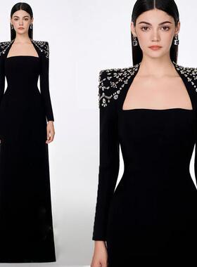 宴会晚礼服裙女气质鱼尾晚宴主持人轻奢小众高级感长袖年会演出服