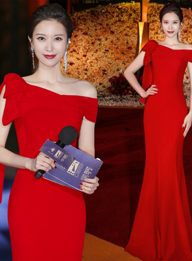 宴会晚礼服裙女2025新款轻奢小众高端鱼尾显瘦主持人晚装红色春夏