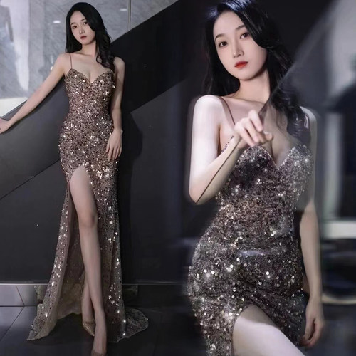 性感吊带长裙亮片晚礼服厂家直销