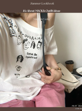 毛丽小四郎【涂鸦风】小众宽松斜肩短袖T恤女上衣夏显瘦做旧慵懒