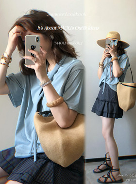 毛丽小四郎【chic休闲系带】层次感气质百搭简约韩系T恤短袖女夏