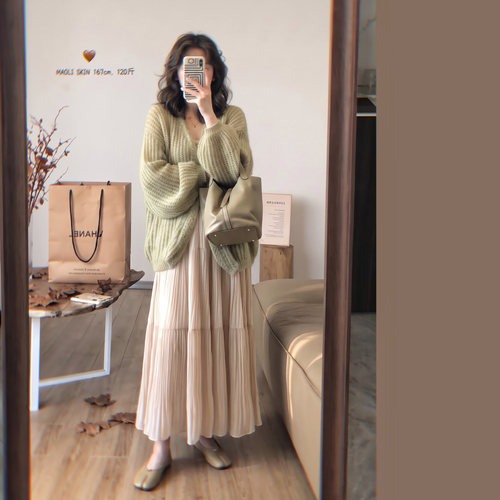 毛丽小四郎 温柔奶油风百褶半身裙女高腰A字中长款蛋糕裙褶皱裙