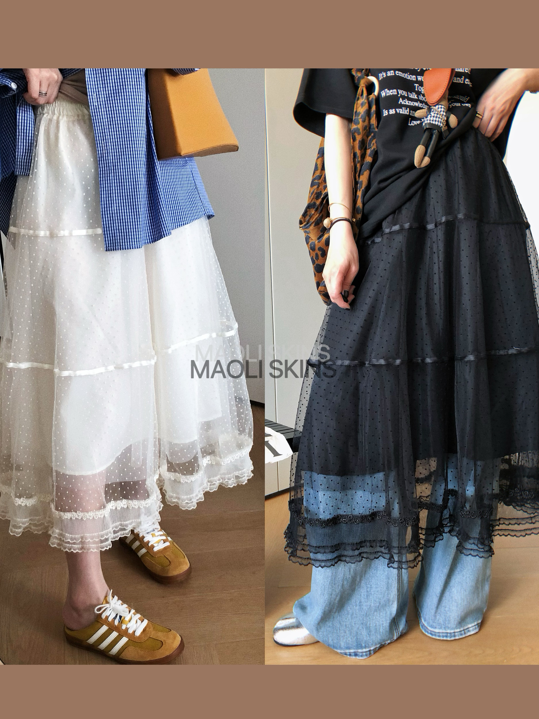 毛丽小四郎【公主裙】敲美拼接！早春植绒波点式花边拼接半身裙