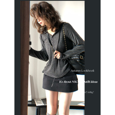 毛丽小四郎【秋冬内搭B备单品】慵懒周末韩系简约百搭连帽针织T恤