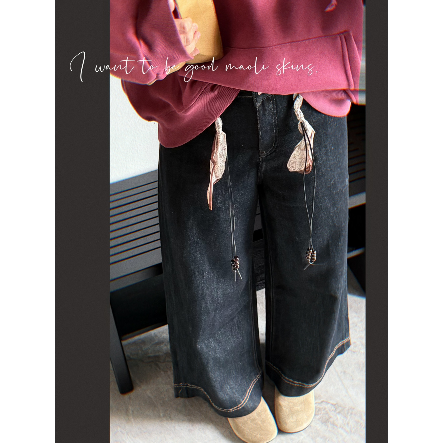 毛丽小四郎【民族风】小众显瘦复古丝巾绑带直筒宽松高腰牛仔裤