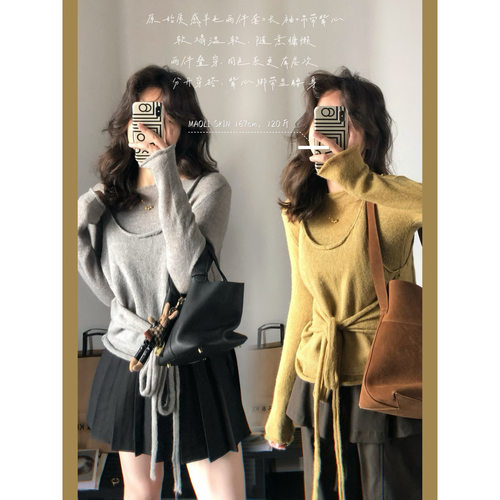 毛丽小四郎【时髦叠穿】韩系羊毛绑带针织衫女秋季设计感长袖毛衣