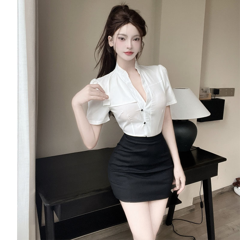 足浴职业装套装女夏季性感V领短袖白衬衣包臀裙技师工作服两件套