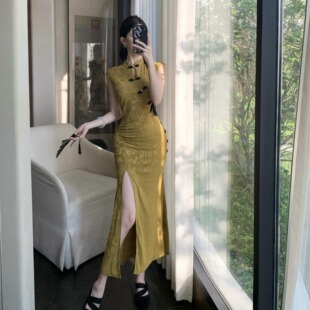 新中式 开叉收腰连衣裙 提花暗花改良旗袍显瘦性感无袖