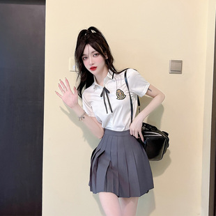 小个子甜美英伦风班服套装白色短袖衬衣百褶短裙学院风减龄两件套
