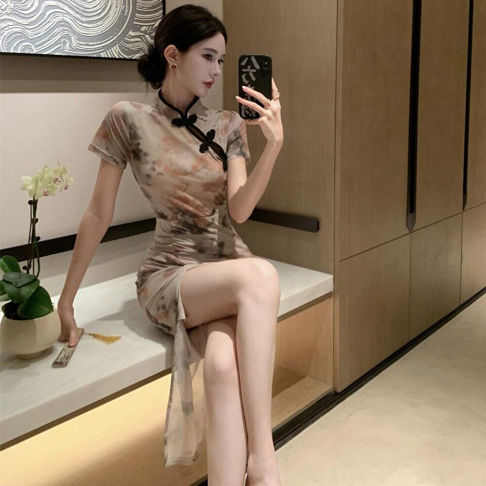 新中式性感网纱印花开叉显瘦收腰中长款包臀连衣裙子