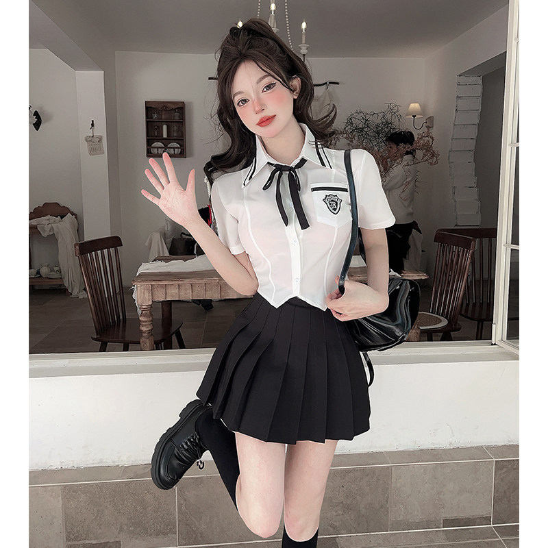 夏季学院风jk制服套装白色蝴蝶结衬衫女上衣修身收腰短款短袖衬衣
