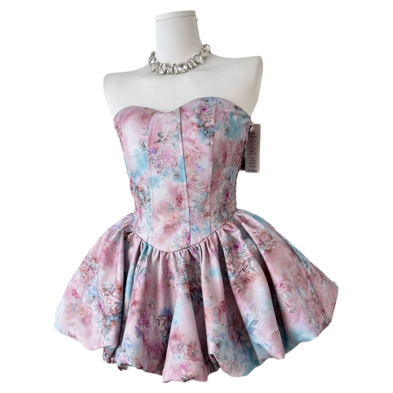 2026年夏季复古优雅甜美碎花心形礼服抹胸连衣裙+收腰短裤套装女 - 淘宝联盟商品