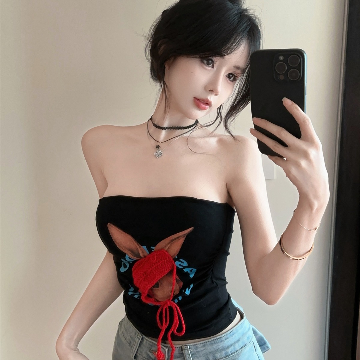网红主播纯欲辣妹女夏小线帽设计印花抹胸带胸垫上衣牛仔裤套装