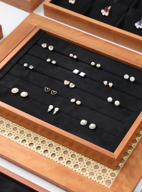 首饰托盘带盖实木黑色绒布文玩收纳盘手串项链戒指手链饰品展示盘