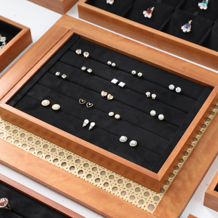 首饰托盘带盖实木黑色绒布文玩收纳盘手串项链戒指手链饰品展示盘