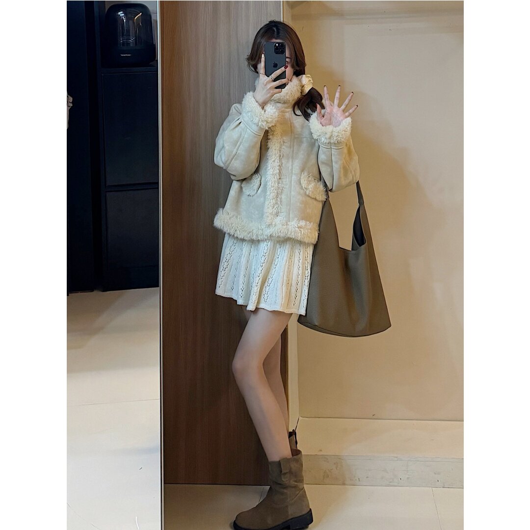 【现货】皮毛一体外套 高级感温柔立领鹿皮绒保暖宽松短款上衣女