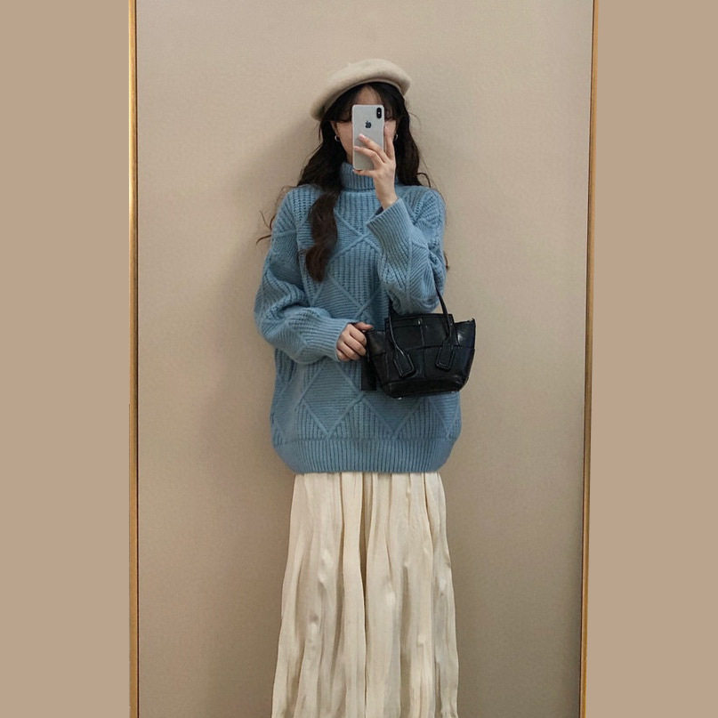 【现货】望眼蓝。自制 清新日系高领保暖菱格甜美可爱针织衫毛衣