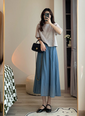 【现货】水波蓝半裙 清新气质湖蓝色 天丝棉高腰垂感a字半身裙女