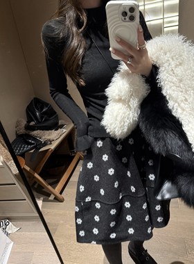 FILLE｜印花花苞中裙 小香风miu系千金风复古高腰a字毛呢半身裙