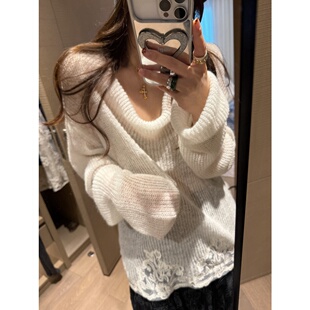 FILLE｜下摆蕾丝毛衣 氛围感甜美马海毛重工刺绣荡领针织衫上衣