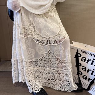 FILLE｜勾花半身裙 波西米亚风重工度假镂空森女显瘦a字垂感长裙