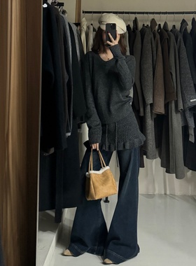 【现货】韩货羊毛裙帘套装 韩系气质灰色V领毛衣叠穿半裙两件套女