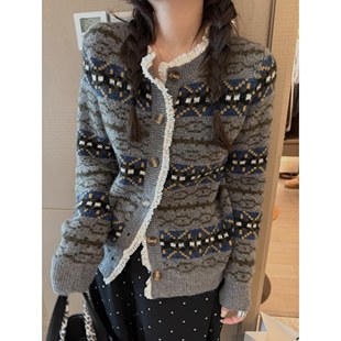 FILLE｜费尔岛蕾丝小开衫 针织毛衣 复古提花民族氛围叠穿花边长袖