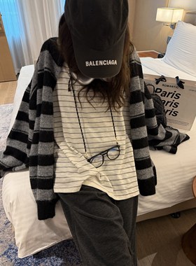 FILLE | 条纹长袖t miu系慵懒风百搭松弛感宽松叠穿撞色小衫女