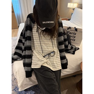 miu系慵懒风百搭松弛感宽松叠穿撞色小衫 女 条纹长袖 FILLE