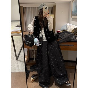 子女 复古高级感休闲慵懒风松弛阔腿百搭长裤 FILLE 波点弯刀裤