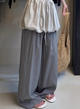 【现货】灰色西装裤 韩系休闲阔腿宽松拖地长裤子女2025新款潮流