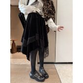 FILLE｜丝绒不规则中裙 复古氛围感蕾丝花边中长款 遮肉显瘦半身裙