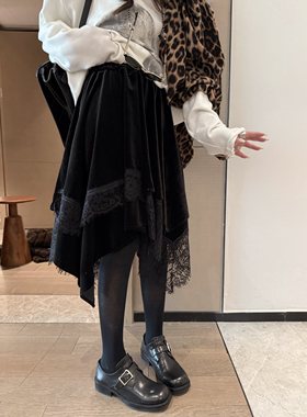 FILLE｜丝绒不规则中裙 复古氛围感蕾丝花边中长款遮肉显瘦半身裙