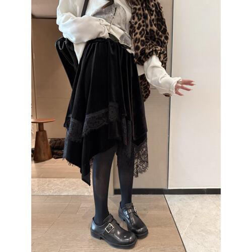 丝绒不规则中裙蕾丝花边半身裙