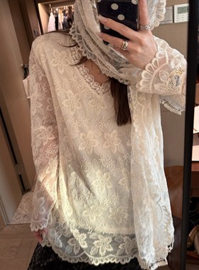 FILLE | 蕾丝围巾上衣 纯欲氛围感叠穿打底内搭镂空绣花长袖小衫