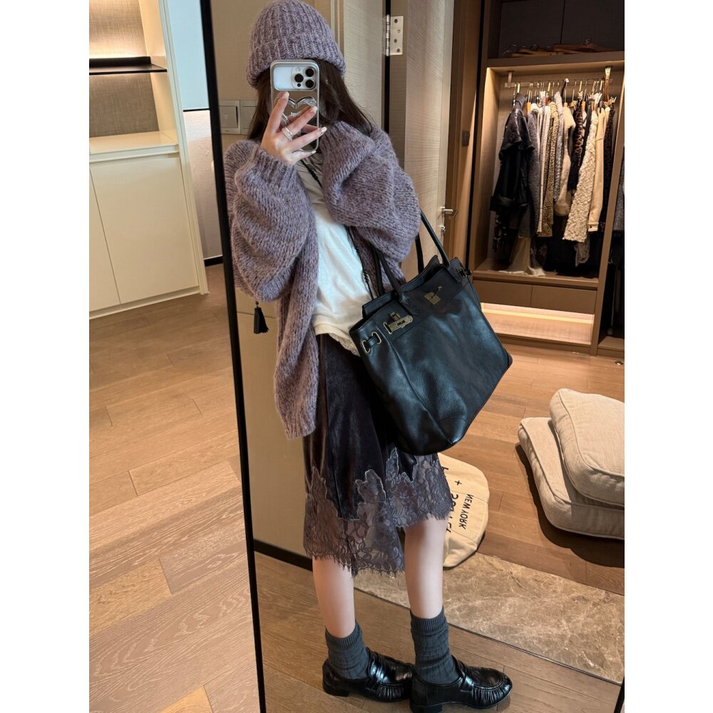 FILLE｜毛线帽大开衫 氛围感复古松弛感慵懒粗针保暖毛衣外套上衣