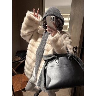 FILLE 高品质复古毛茸茸坑条高级环保皮草外套女 翻领皮毛一体