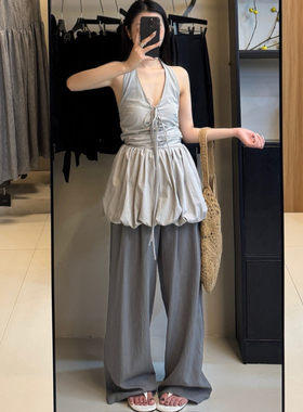 【现货】灰色挂脖上衣 度假风甜美纯欲气质可爱绑带花苞无袖小衫