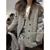 FILLE 拉毛羽绒西装 高品质格雷系v领羊毛呢90白鸭绒廓形外套